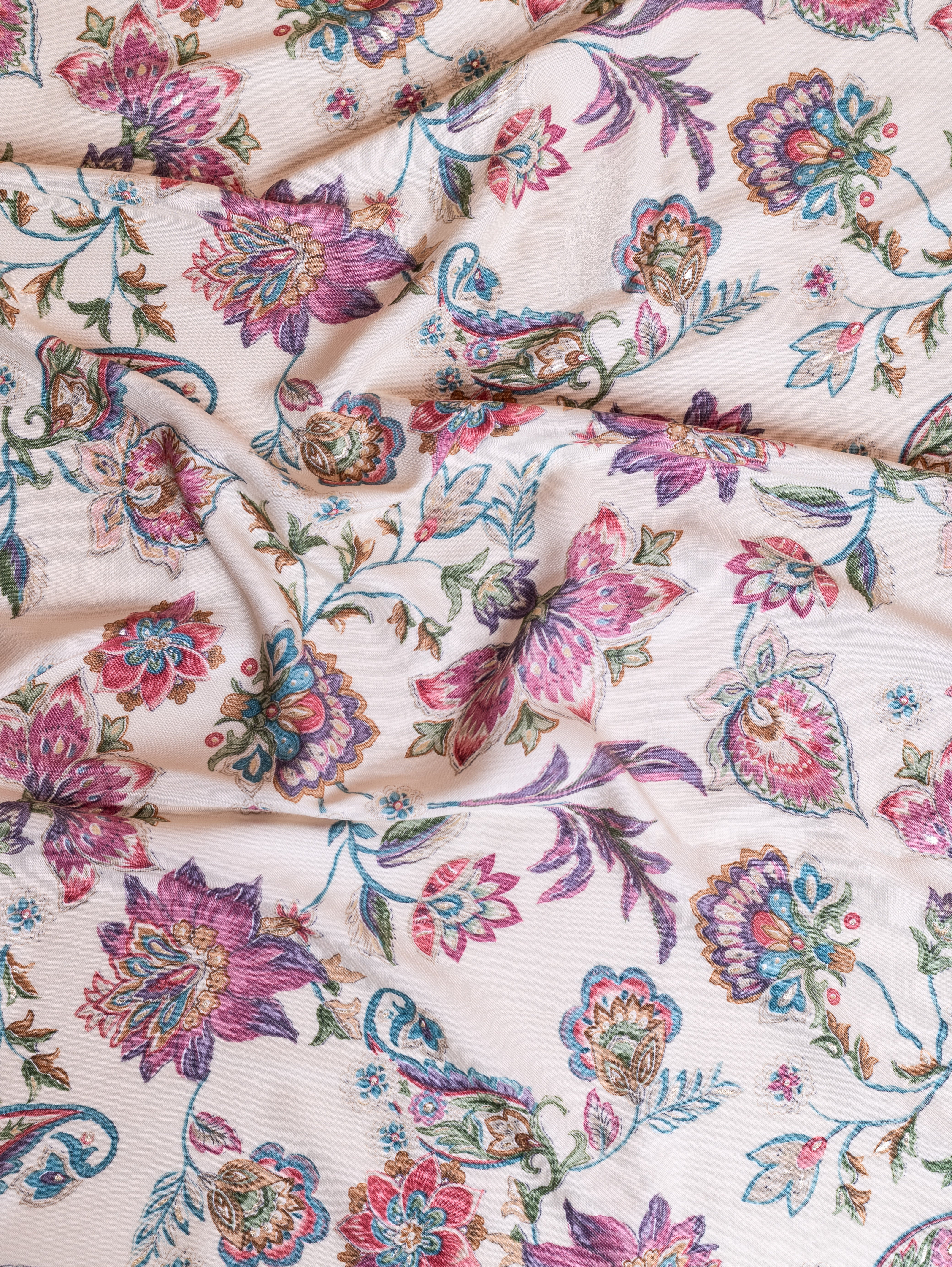 Roze Cream Floral Rayon Fabric with Foil Detailing