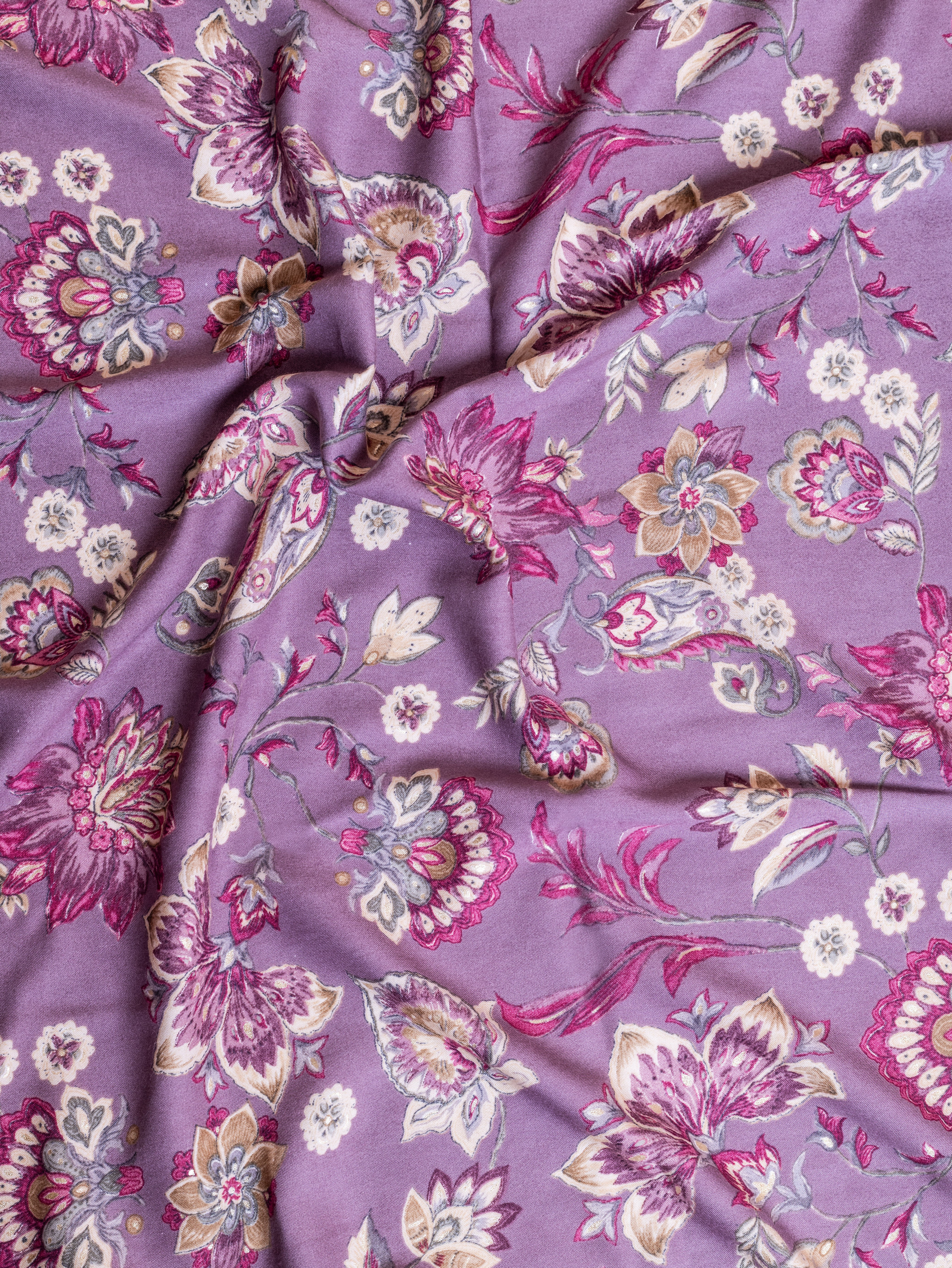 Roze Lavender Floral Rayon Fabric with Foil Detailing