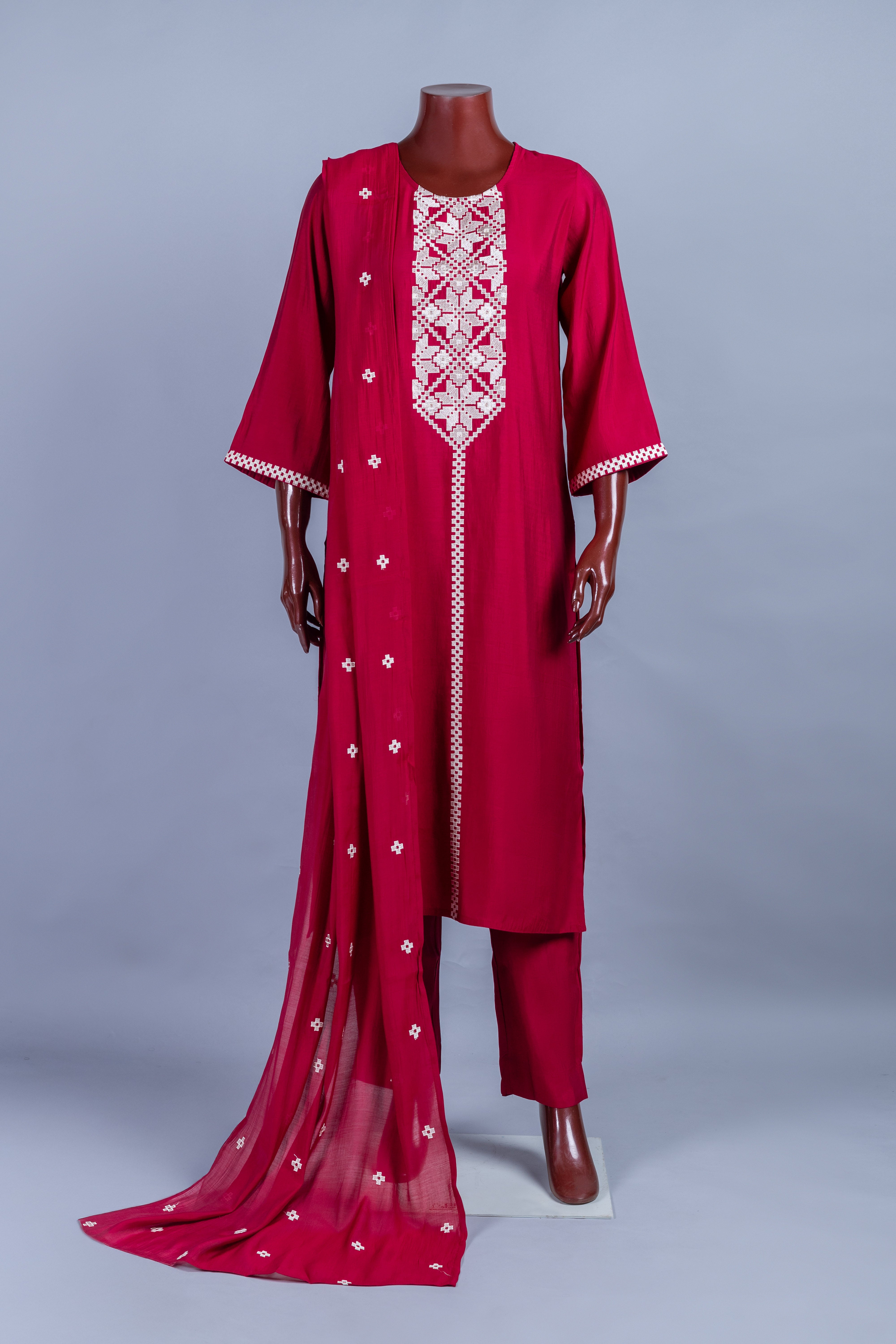 Afreen Dark Red Muslin Readymade Set