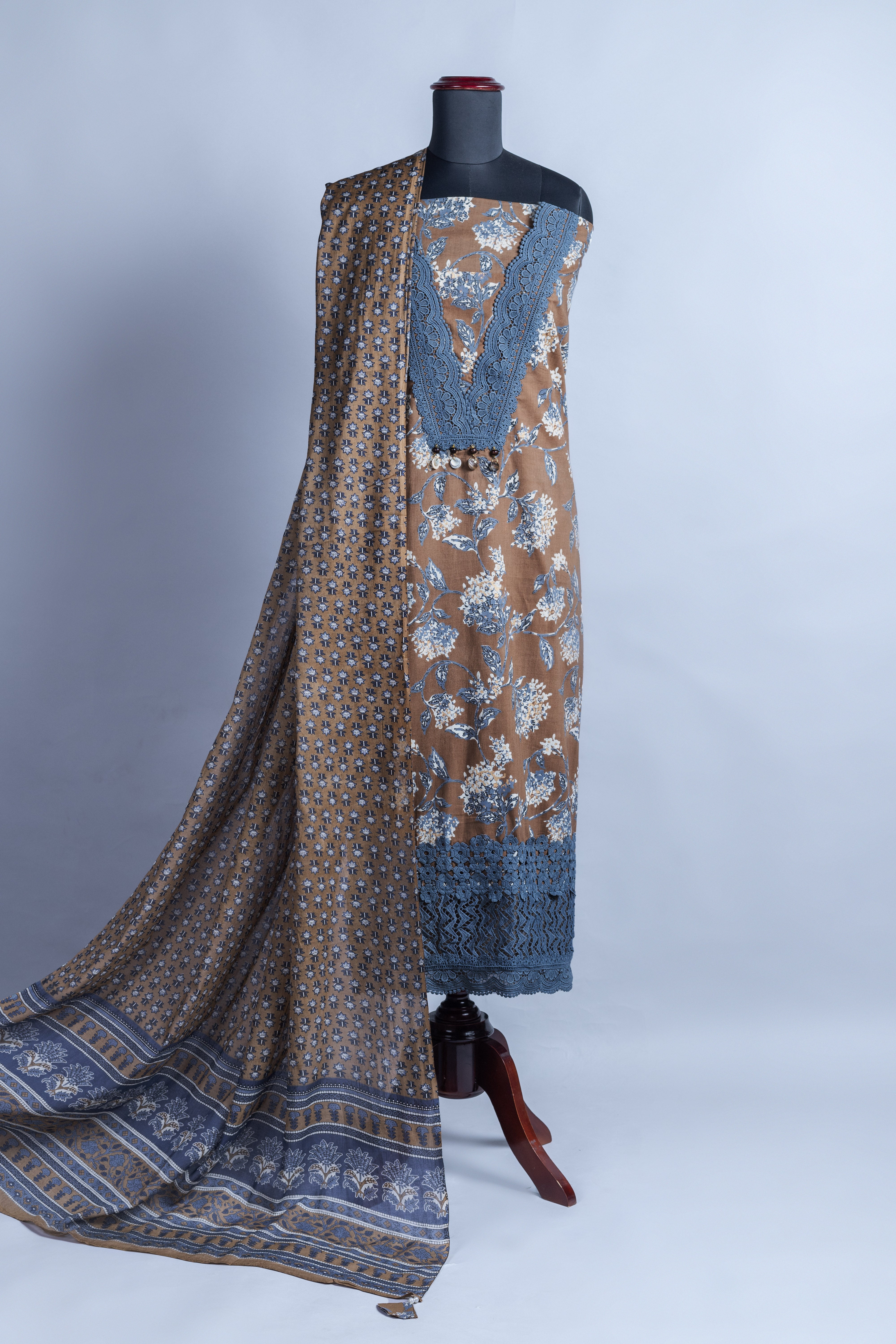 Roze Brown Floral Print Unstitched Suit Set