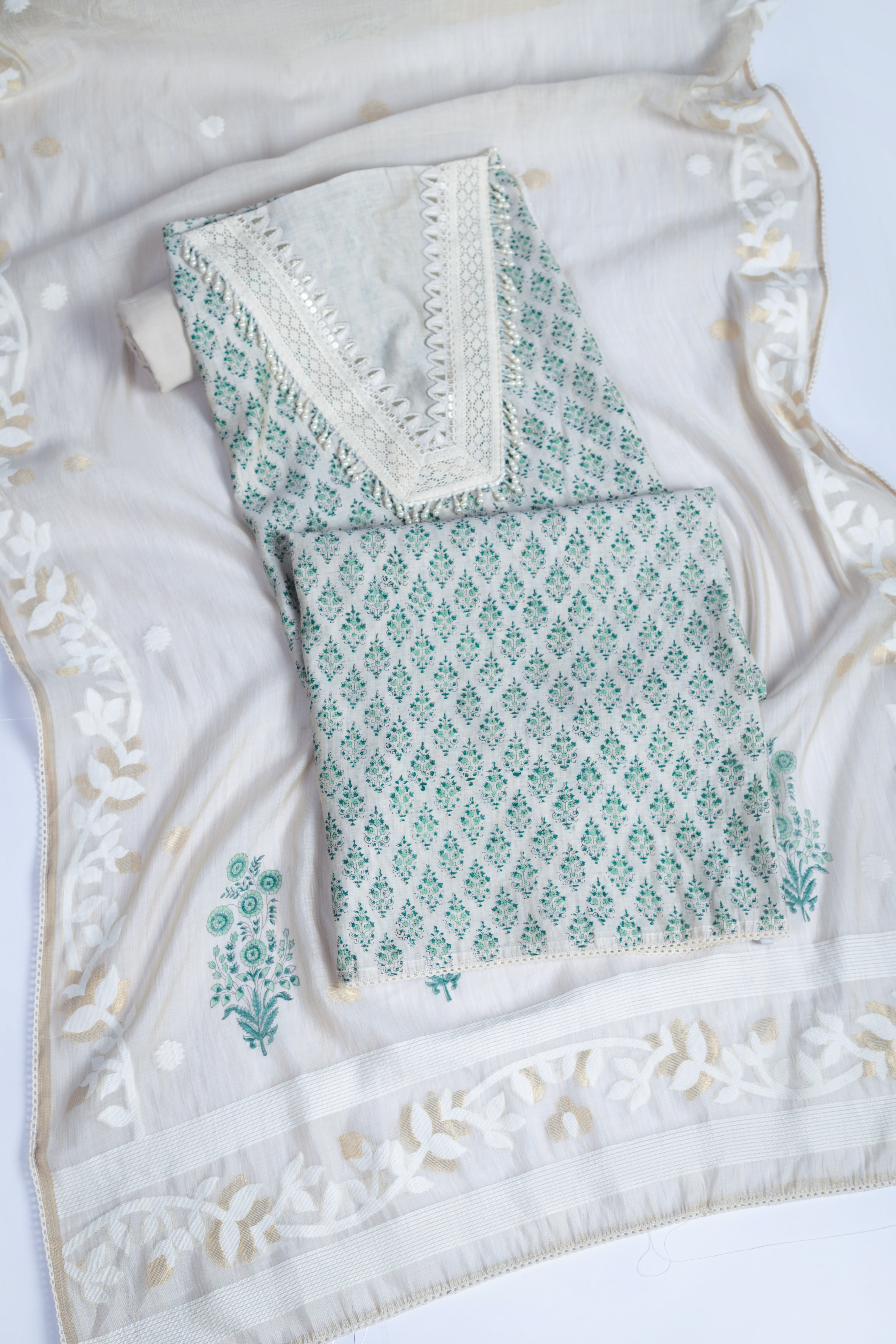 Luxe Pista Green Chanderi Printed Suit Set