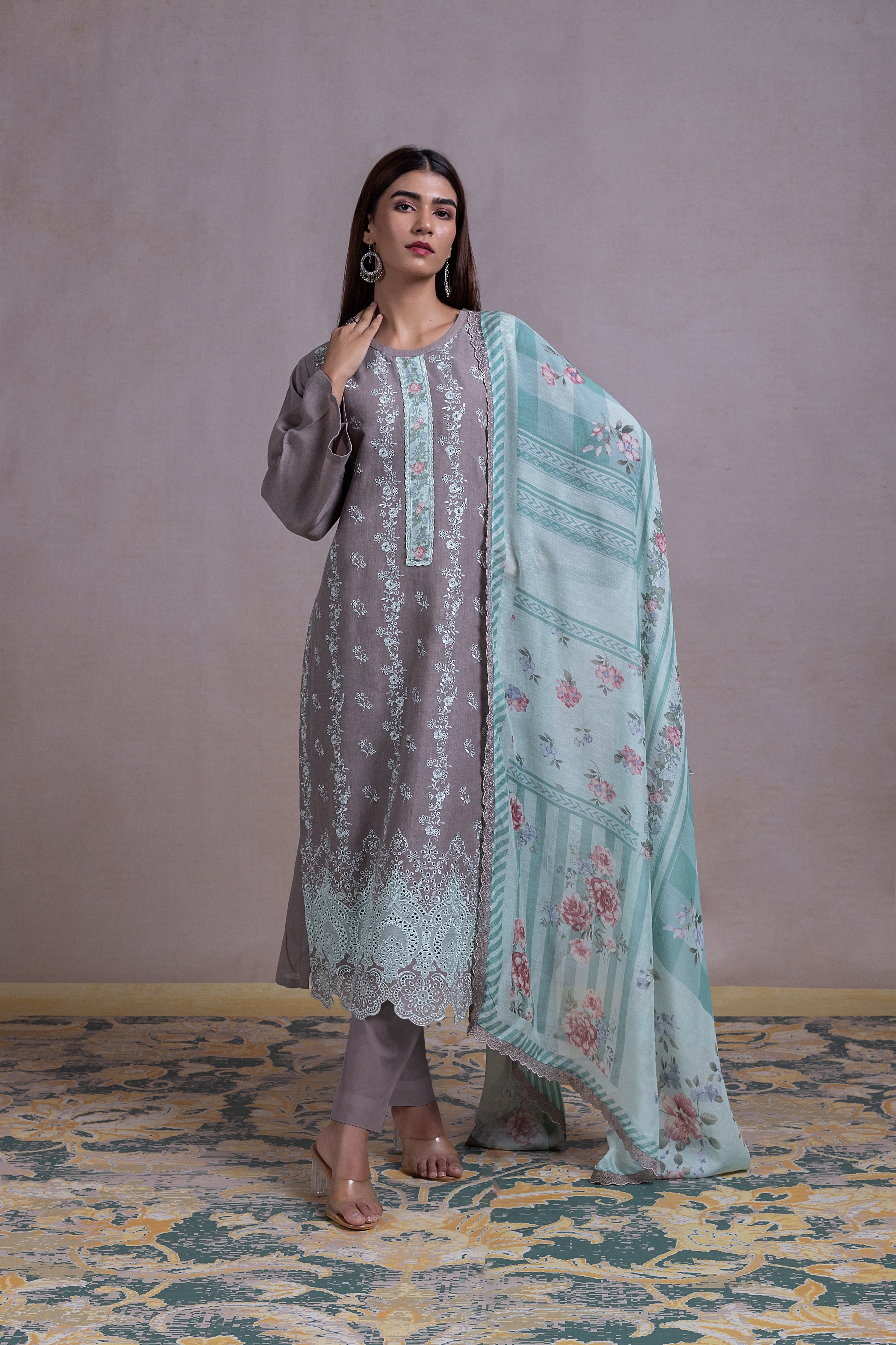 Linen Cotton Blue Embroidered Suit set