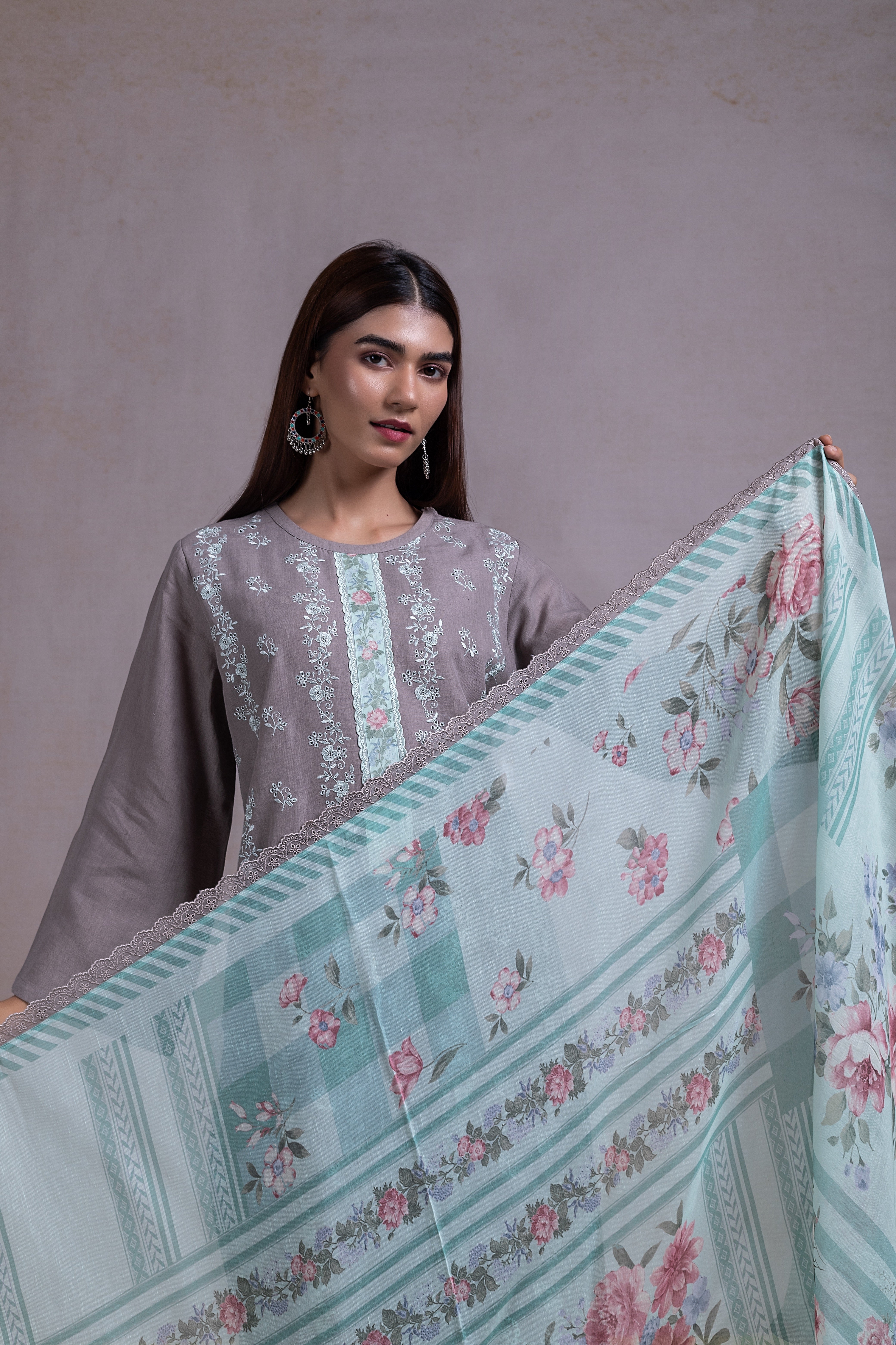 Linen Cotton Blue Embroidered Suit set