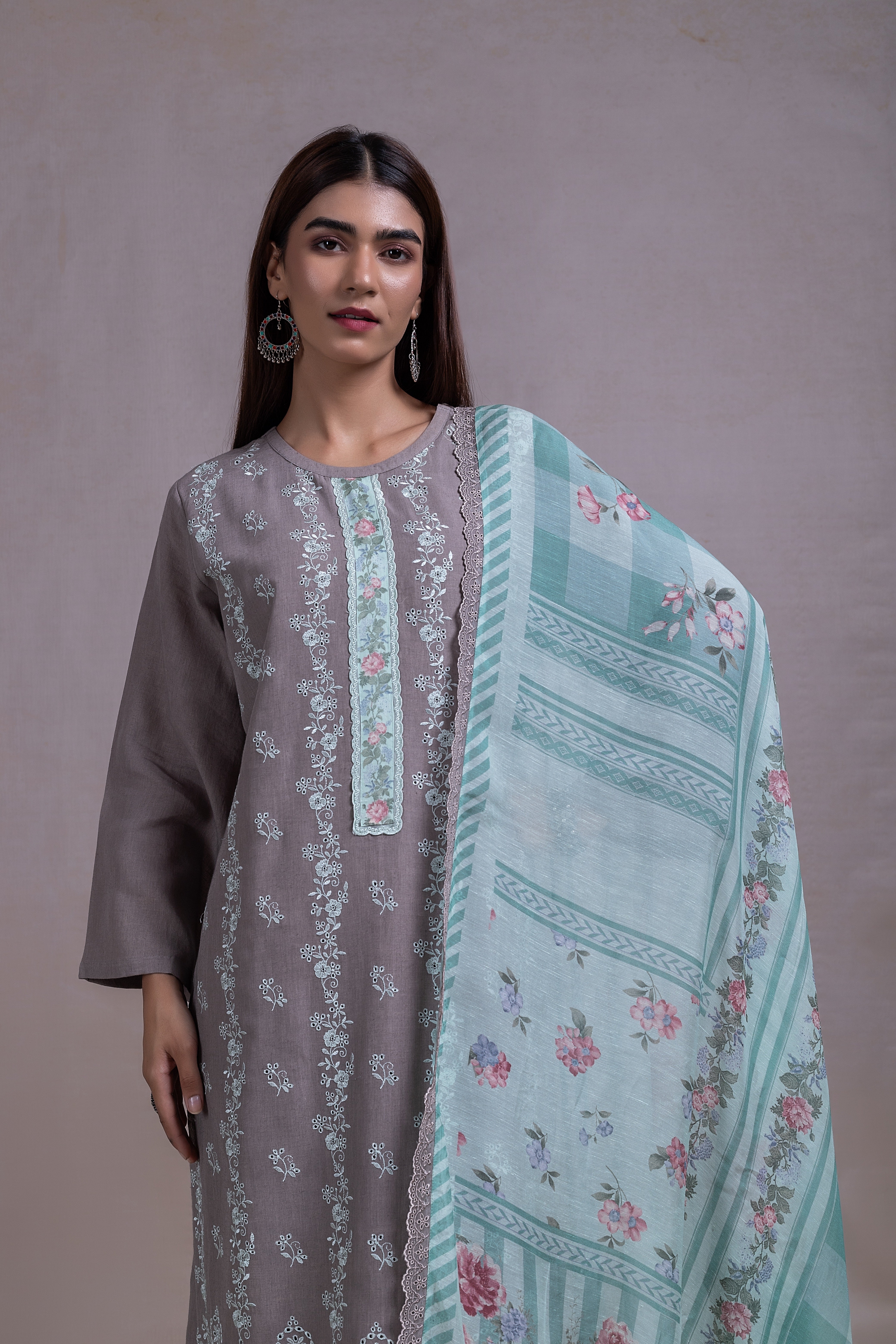 Linen Cotton Blue Embroidered Suit set