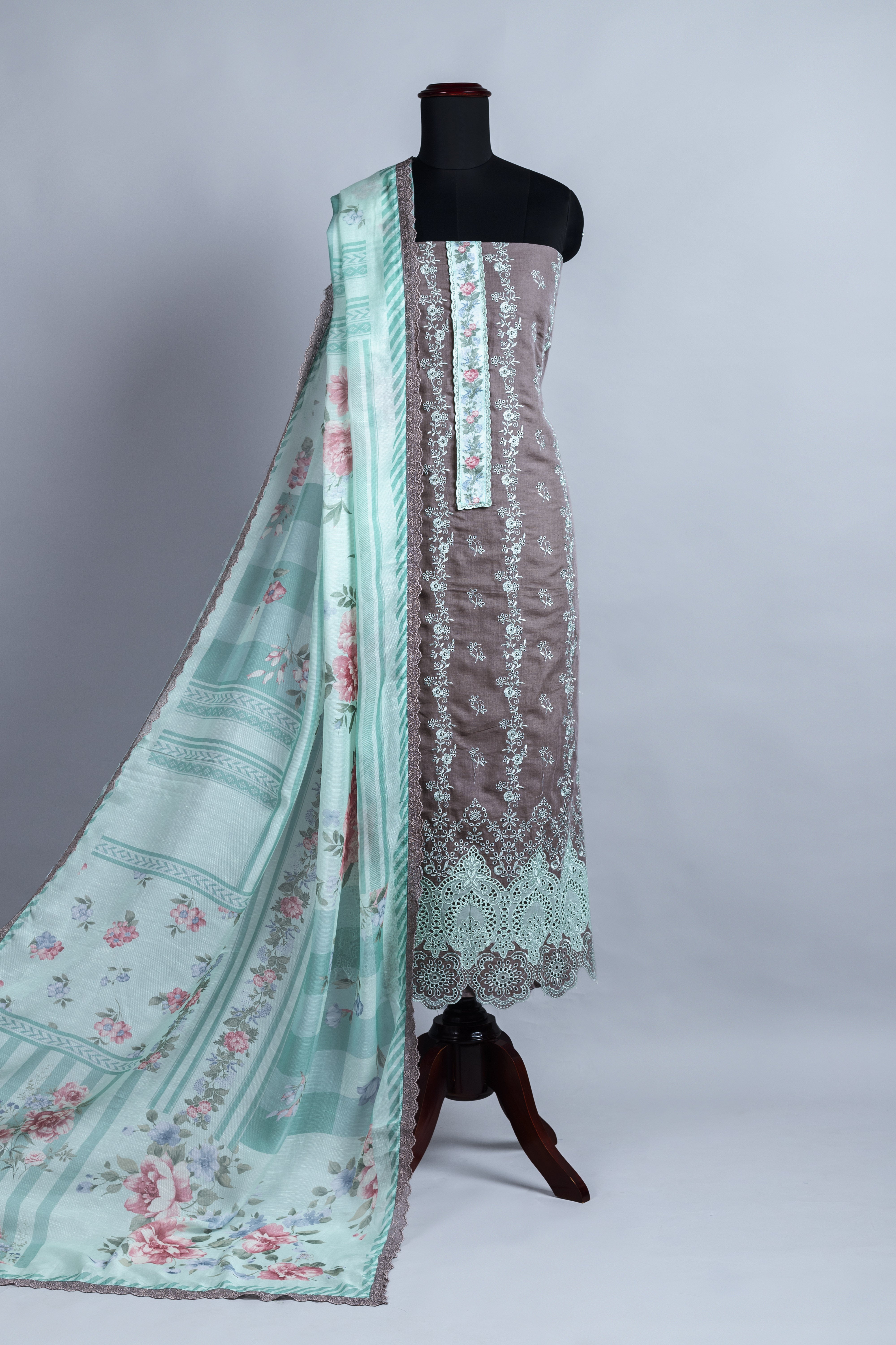 Linen Cotton Blue Embroidered Suit set