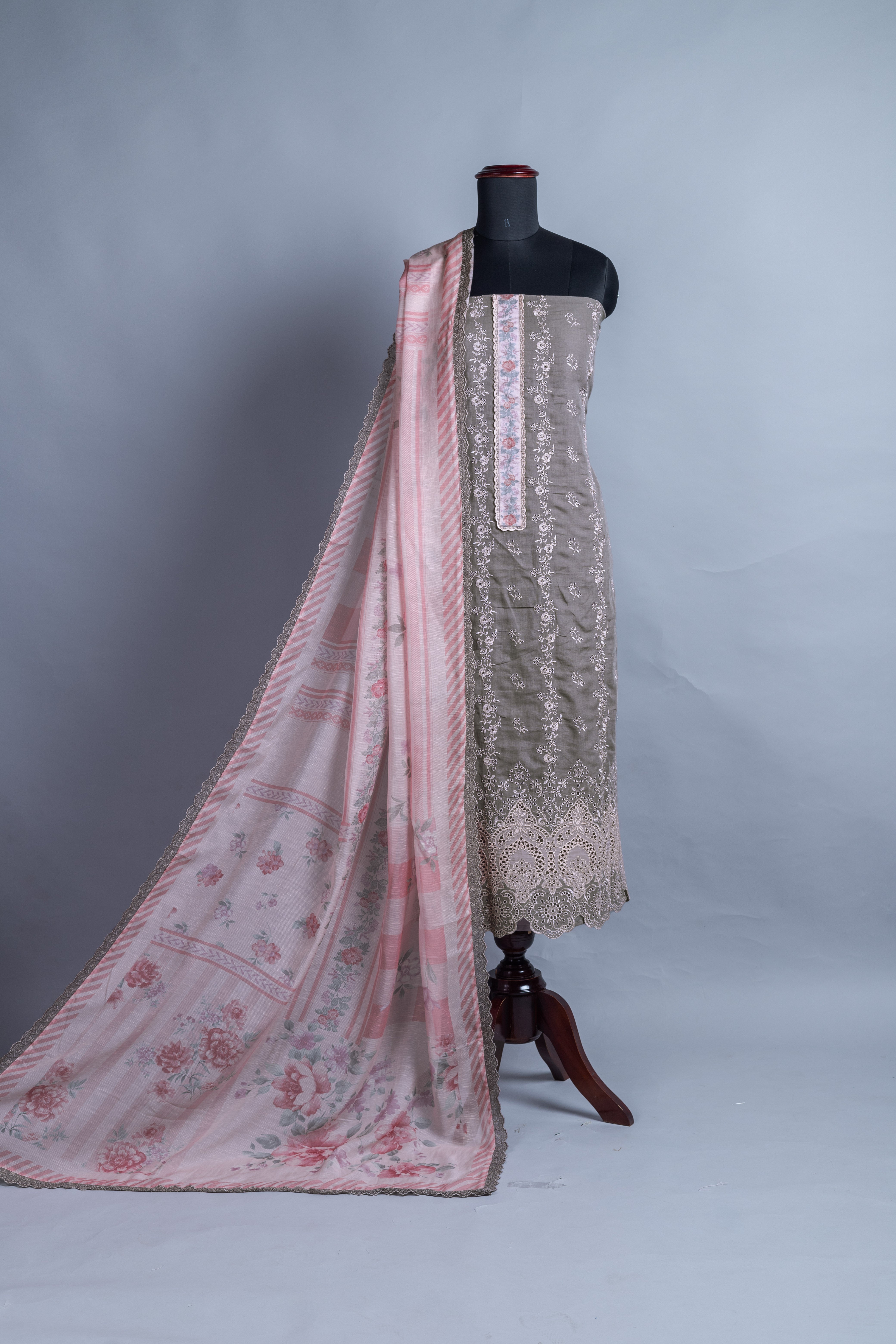 Linen Cotton Pink Embroidery Suit Set