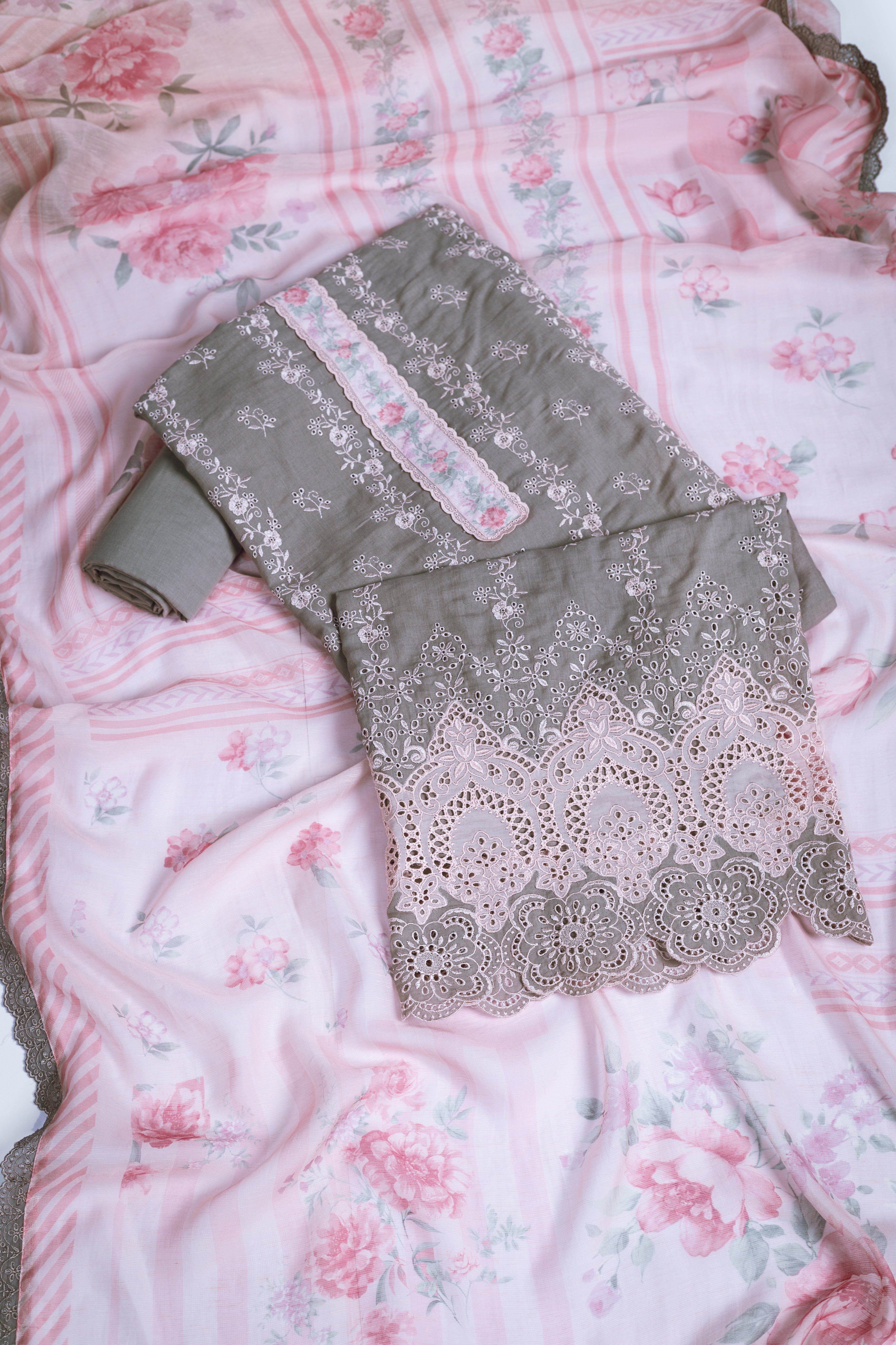 Linen Cotton Pink Embroidery Suit Set