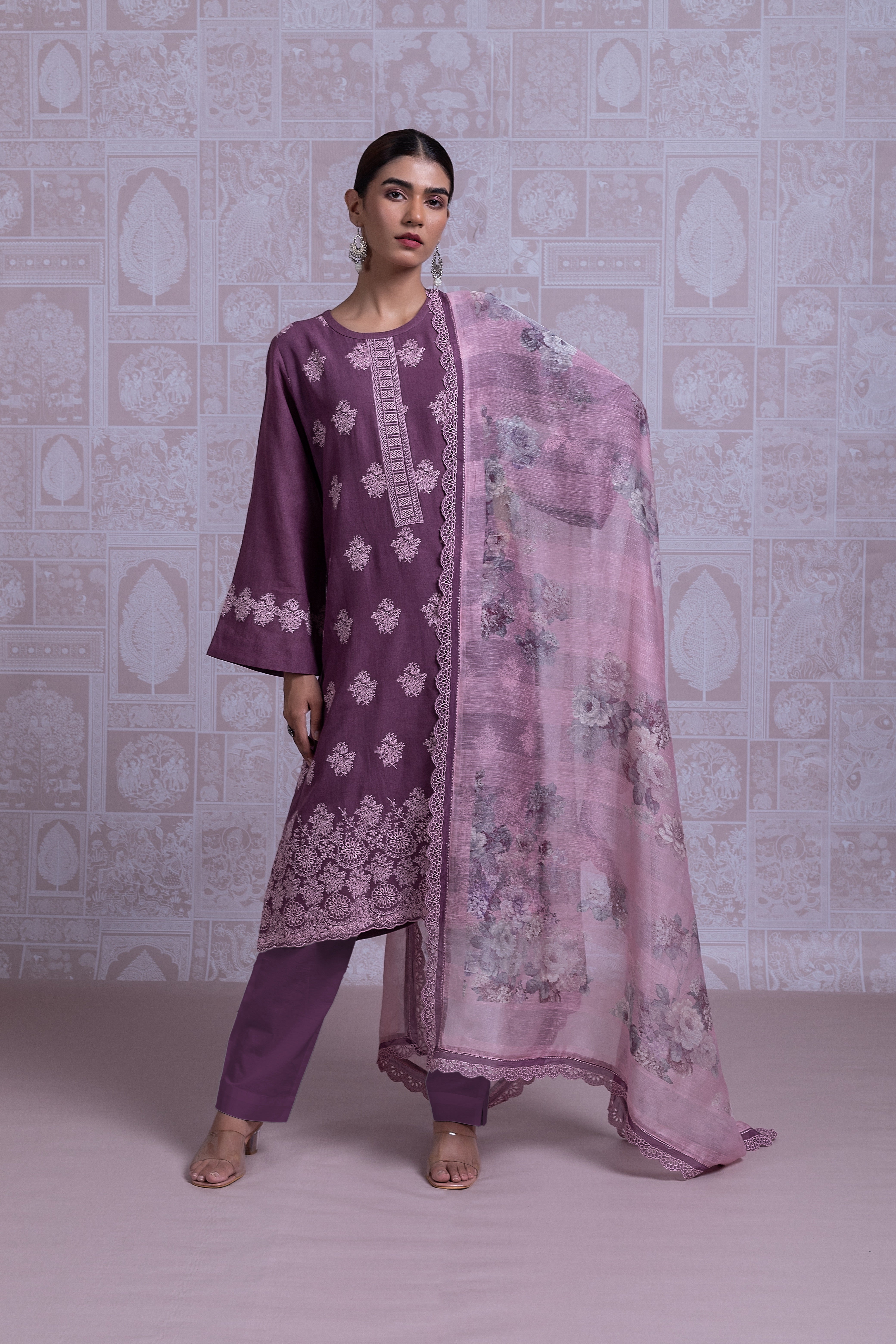 Anokhi Cotton Linen Unstitched Suit Set - Purple