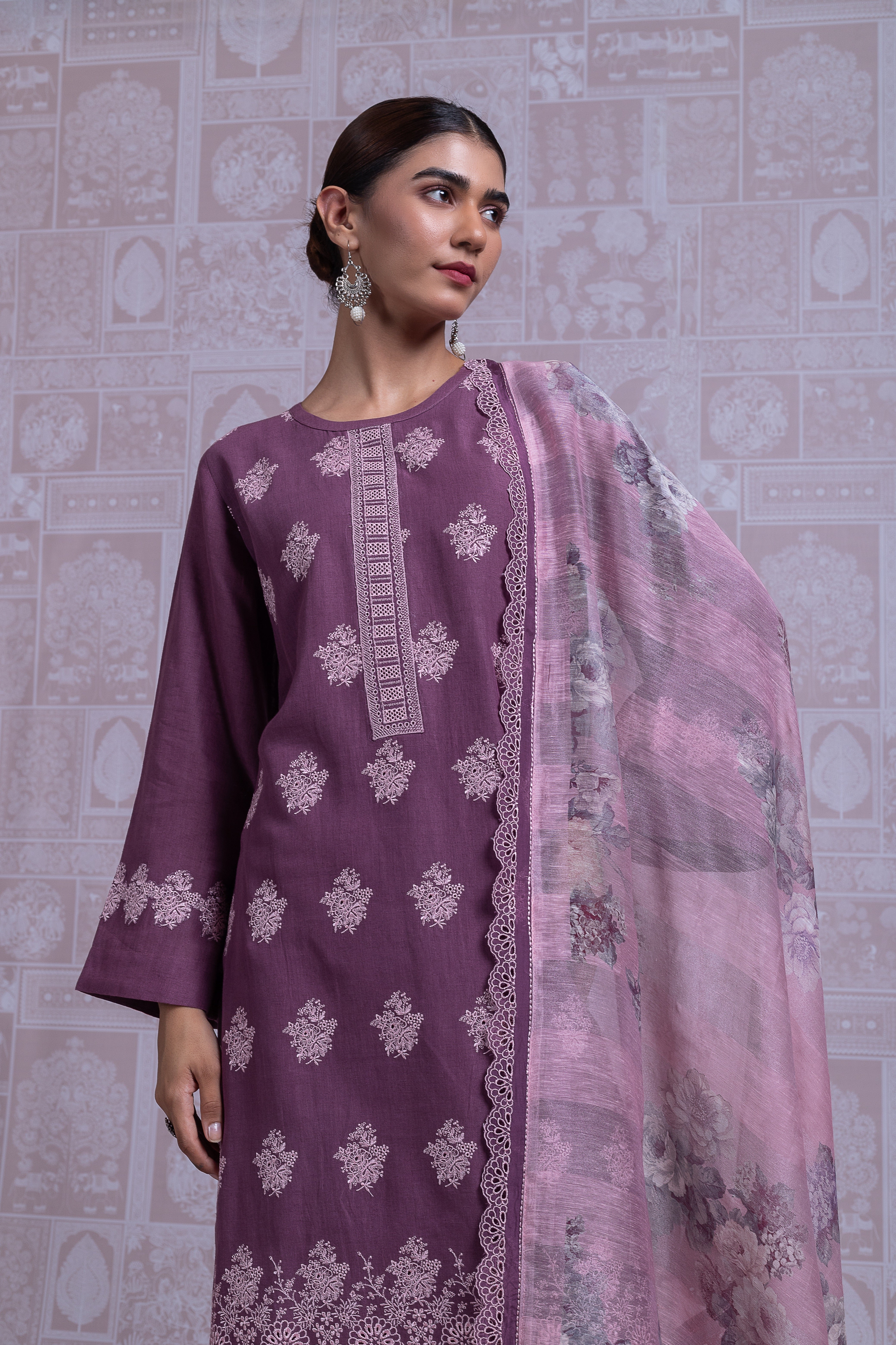 Anokhi Cotton Linen Unstitched Suit Set - Purple