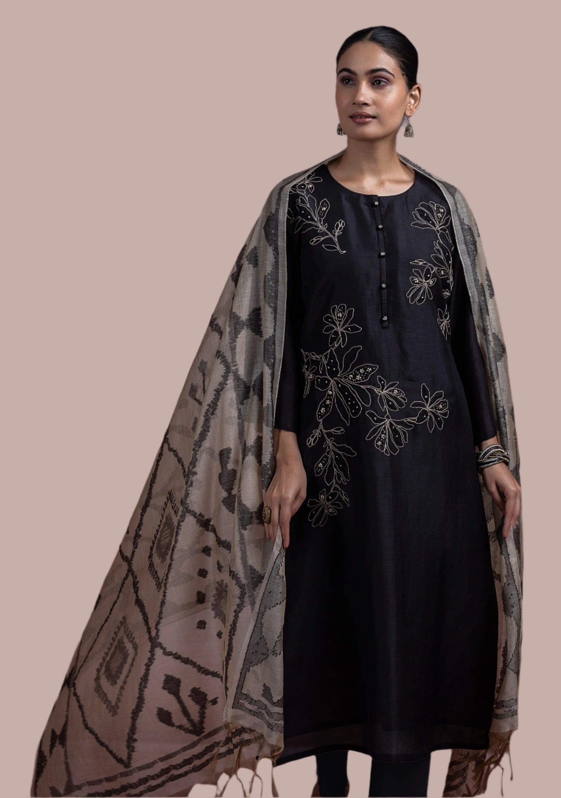 Linen Black Silk Suit Set
