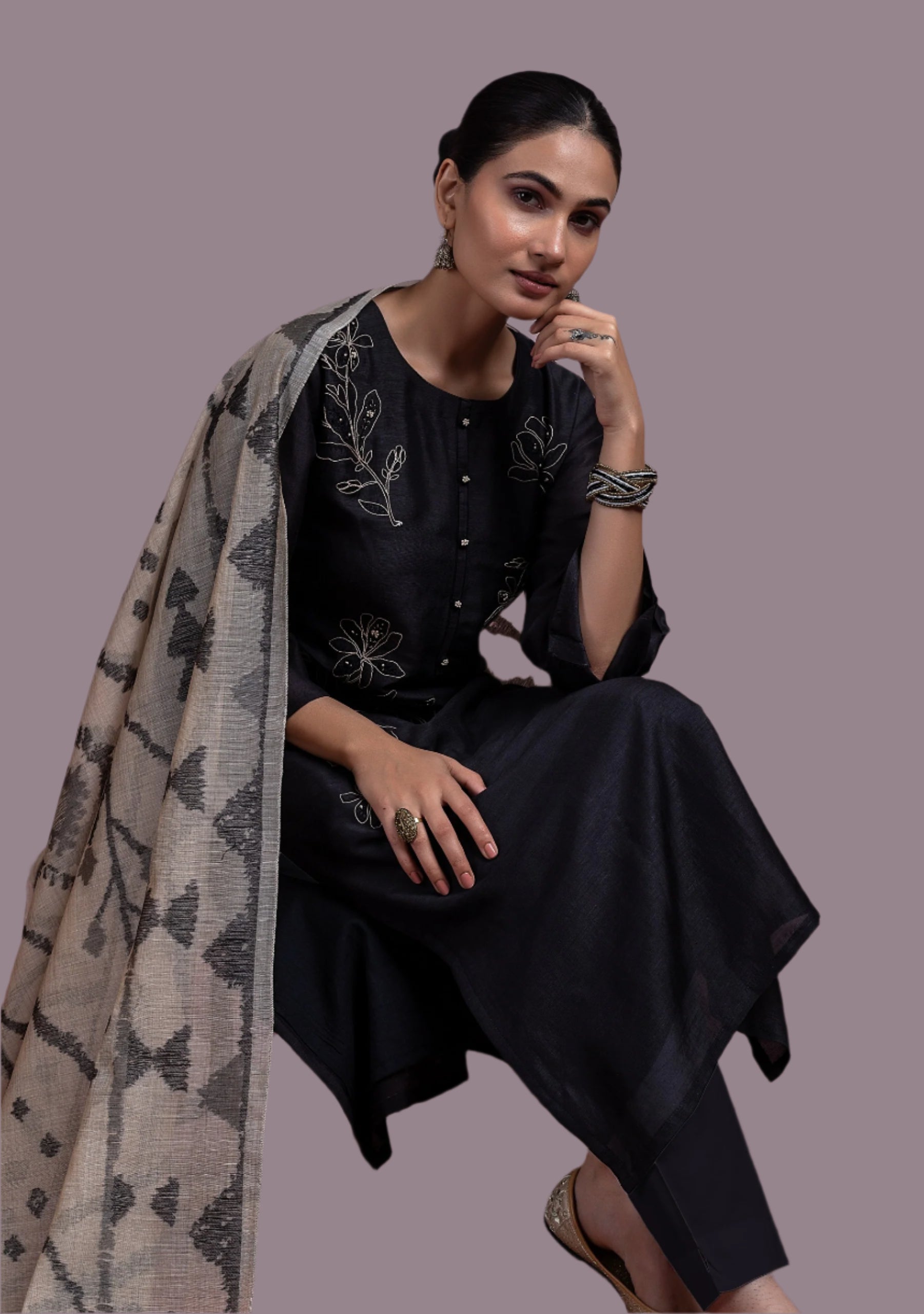 Linen Black Silk Suit Set