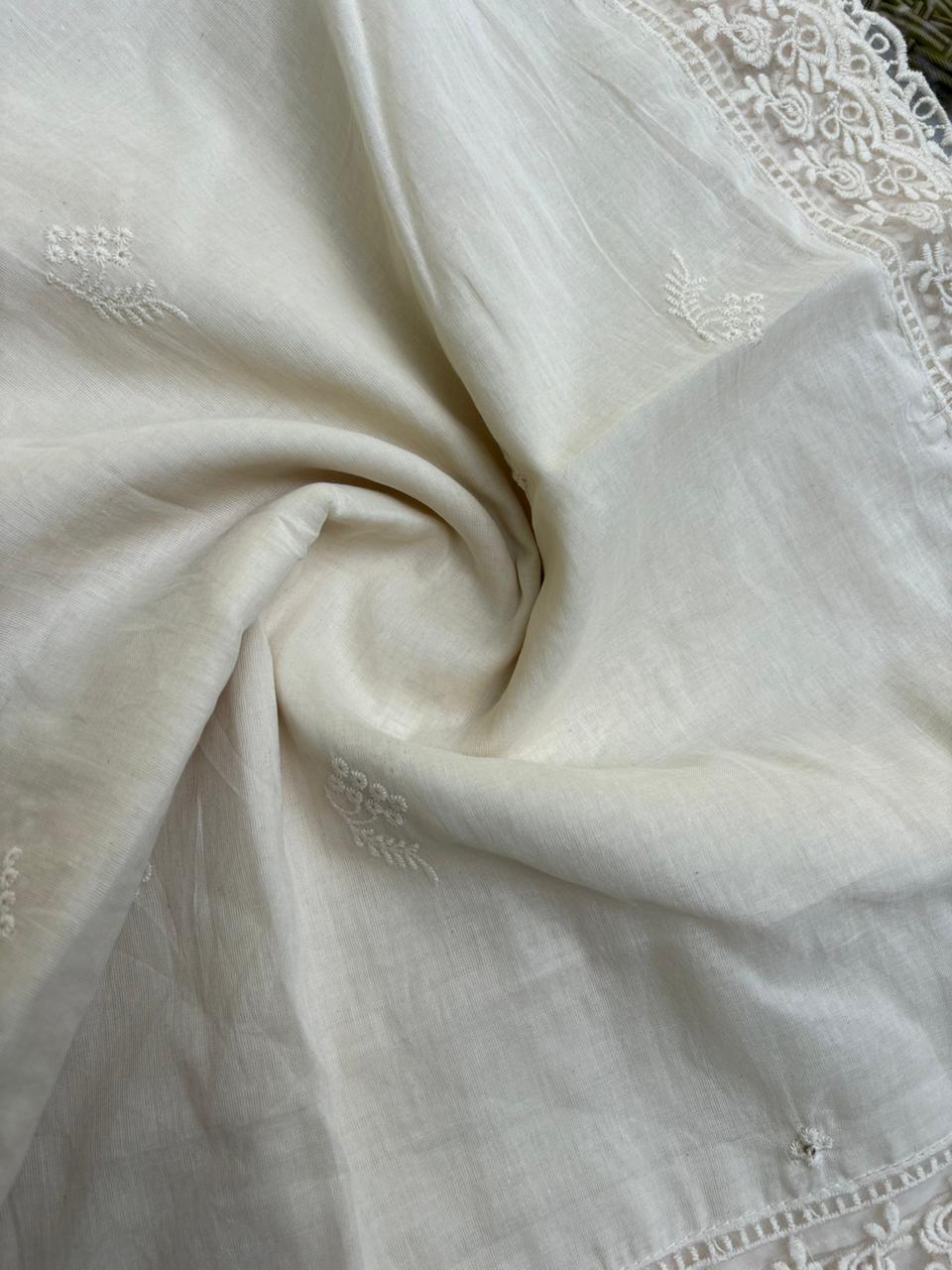 Anokhi Lace-Trimmed White Mul Chanderi Dupatta Sterling House