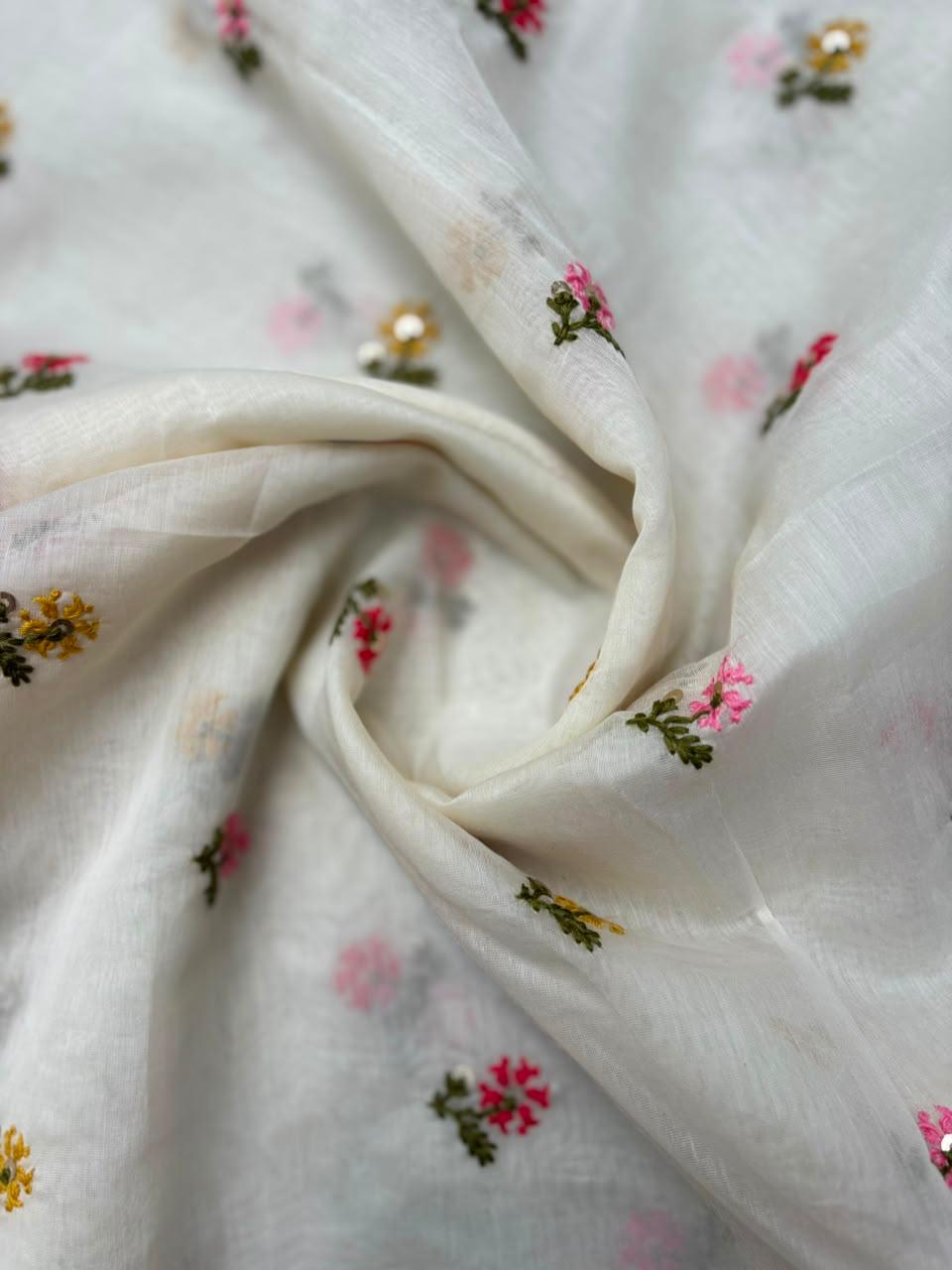 Luxe Ivory Floral Mul Chanderi Fabric Sterling House