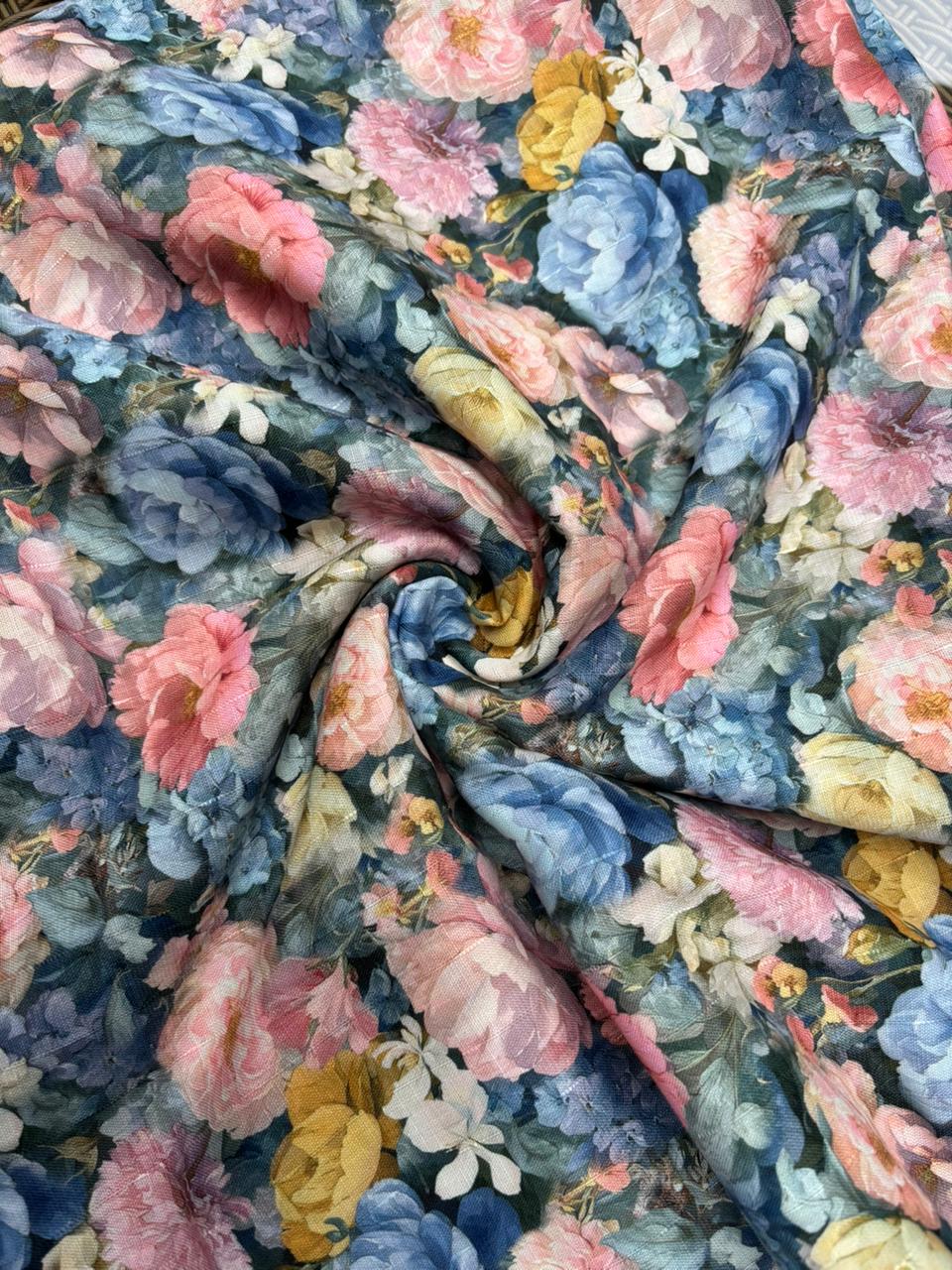 Blue Floral Linen Cotton Fabric Sterling House