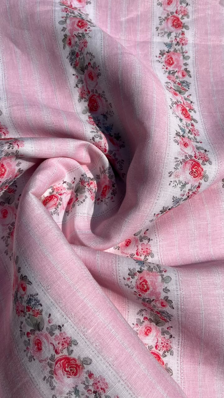 Vintage Pink Floral Striped Linen Fabric