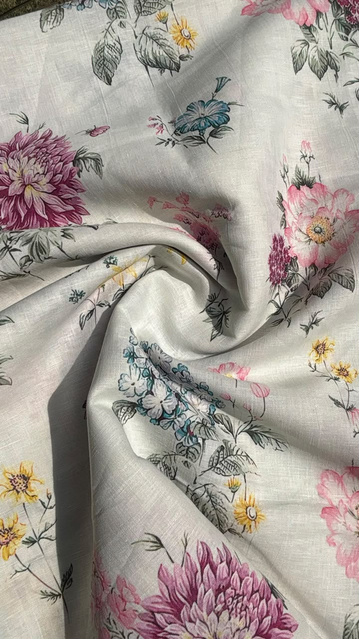 Botanical Dahlia Printed Linen Fabric