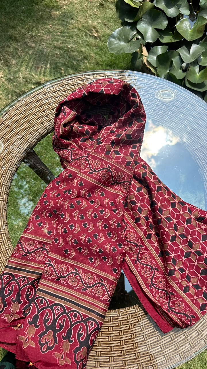 Maroon Geometric Ajrakh Cotton Dupatta