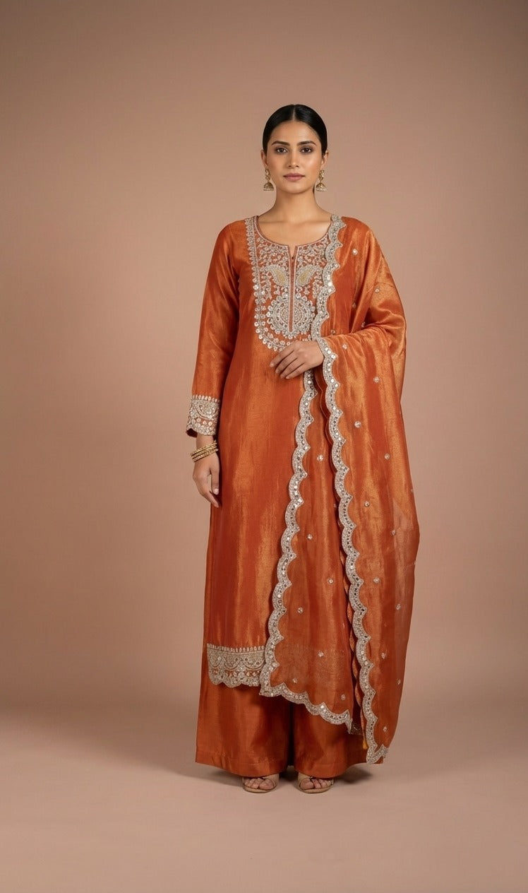 Luxe Orange Shimmer Silk Blend Suit Set