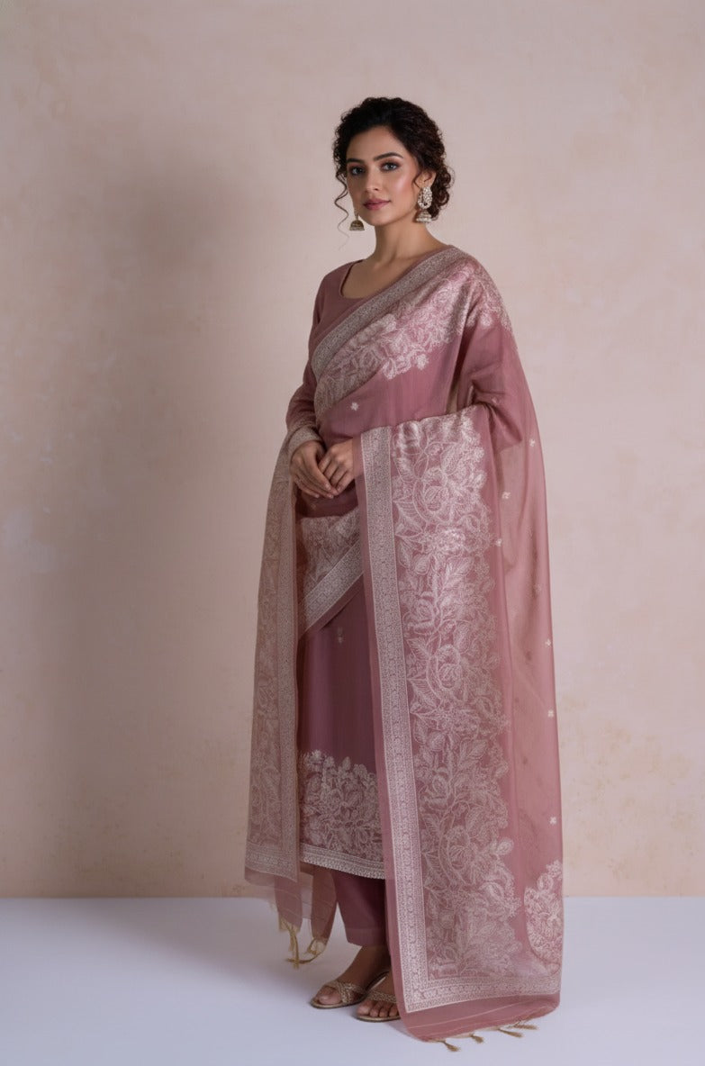 Linen Pink Linen Cotton Blend Suit Set