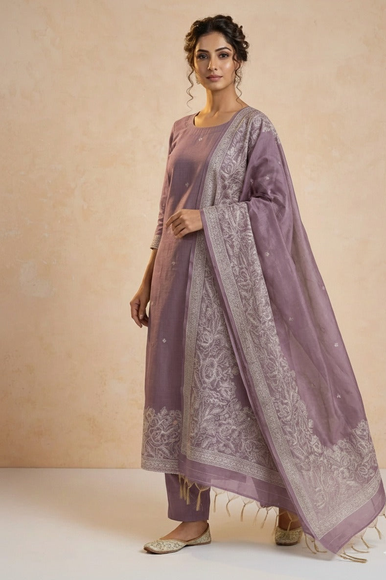 Linen Mauve Linen Cotton Blend Suit Set