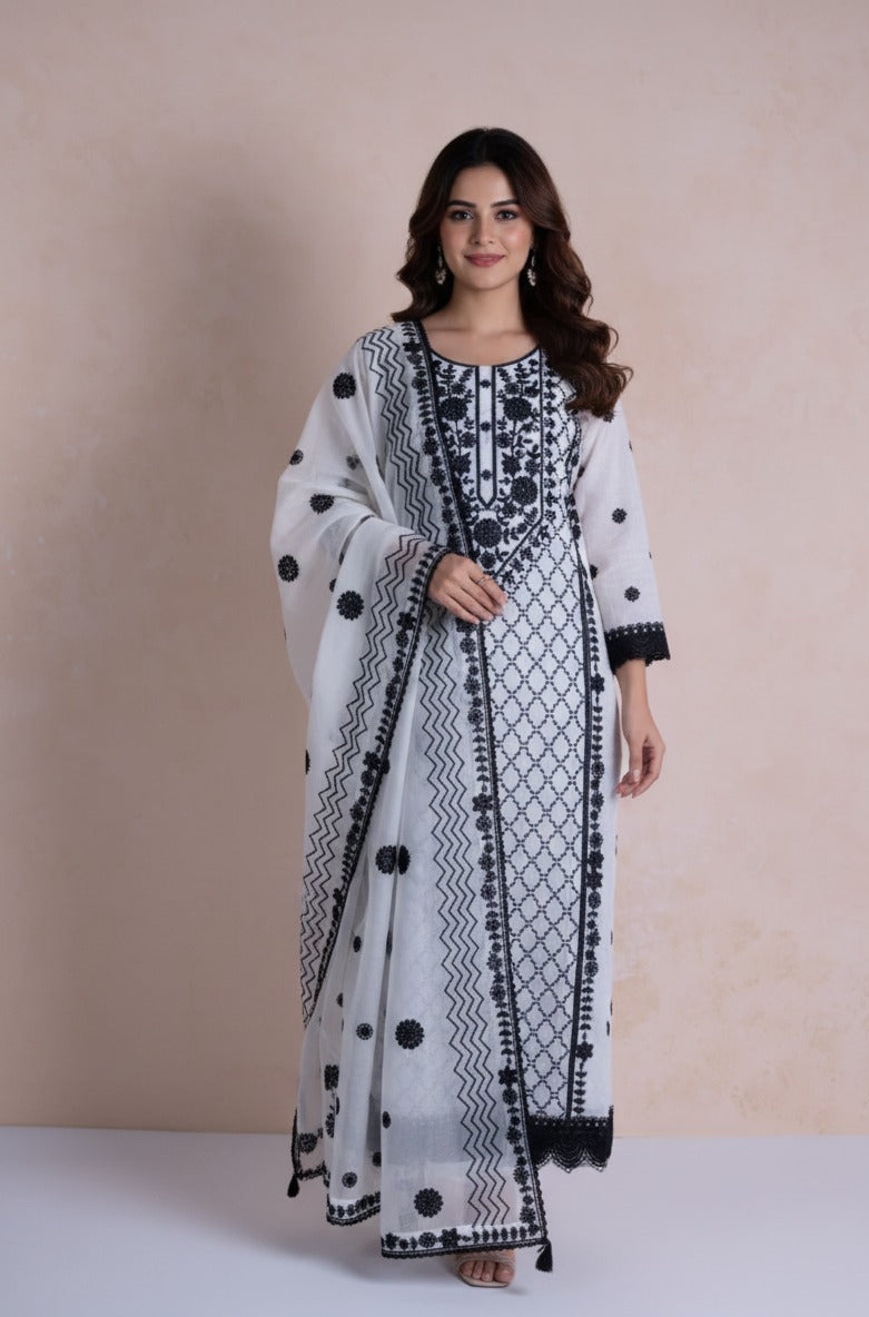 Afreen Black & White Chanderi Silk Suit Set