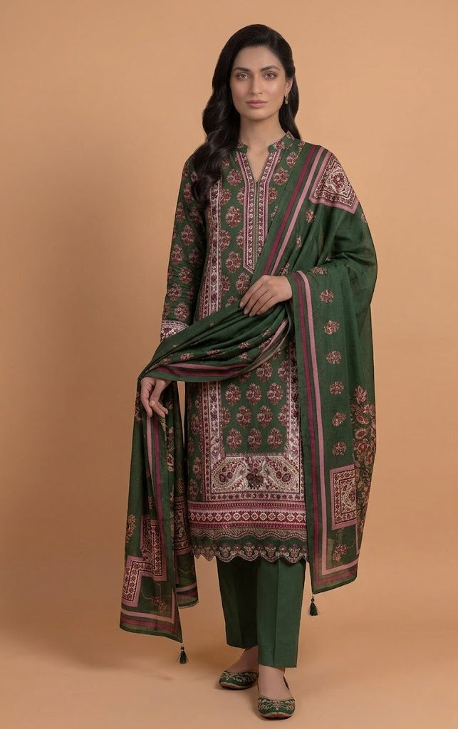 Anokhi Forest Green Cotton Unstitched Suit set