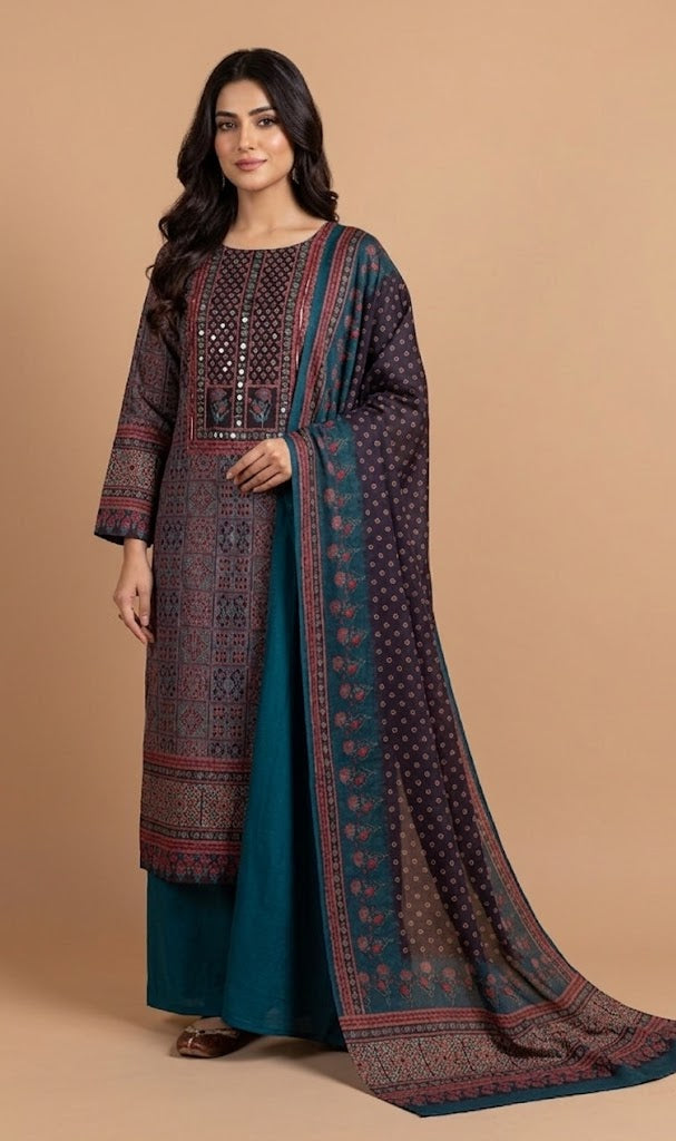 Anokhi Chanderi Silk Blue Unstitched Suit Set