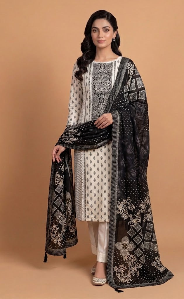 Luxe White with Black Muslin Unstitched suit
