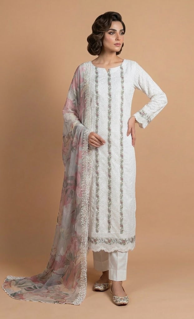 Roze Cotton White Unstitched Suit Set Sterling House