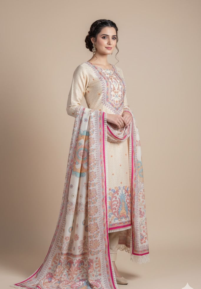 Anokhi Ivory Printed Unstitched suit set