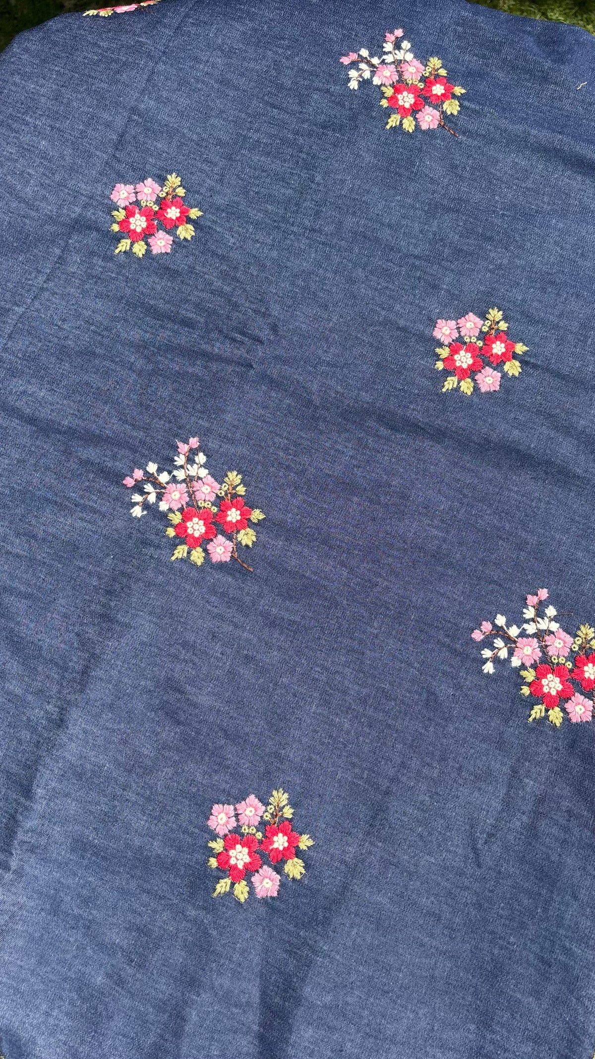Blue Embroidered Floral Denim Fabric