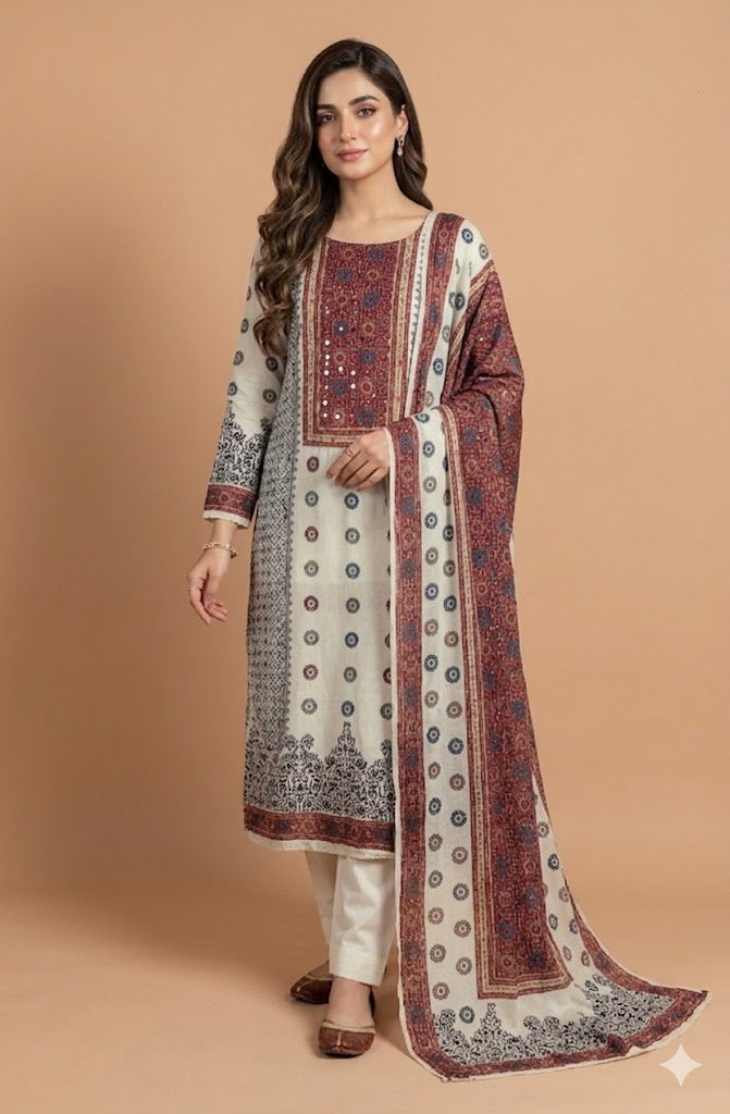 White With Red Muslin Unstitched Suit Set
