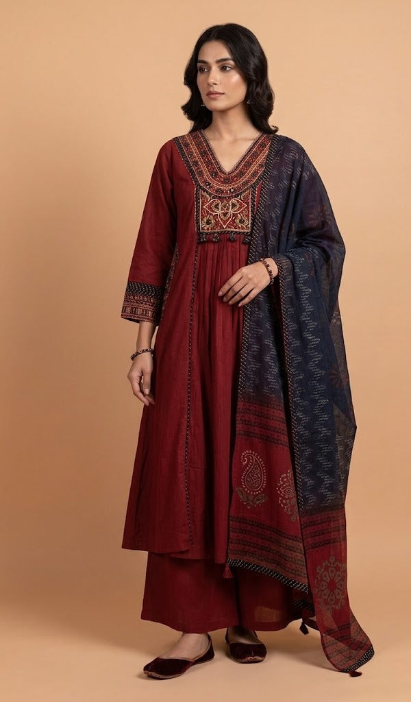 Afreen Maroon Cotton A-line Readymade set