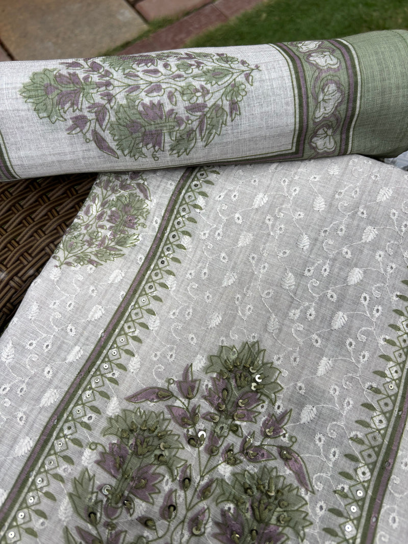 Linen Chanderi Green Unstitched Suit Set Sterling House