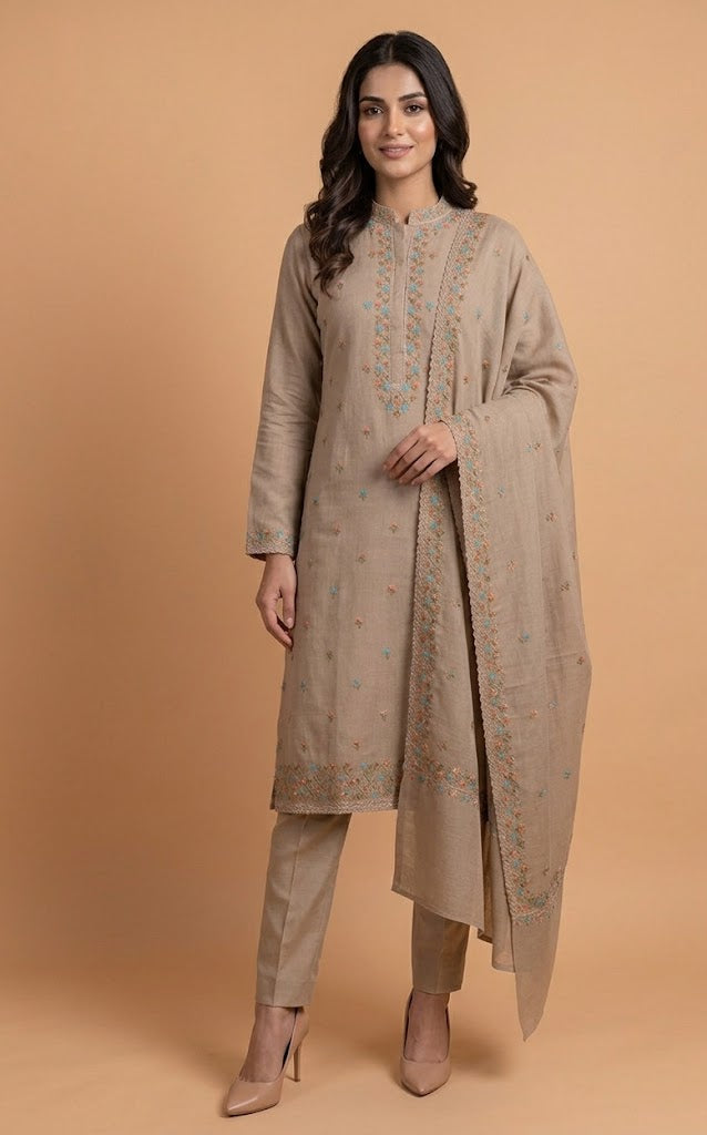 Anokhi Taupe Cotton Unstitched suit