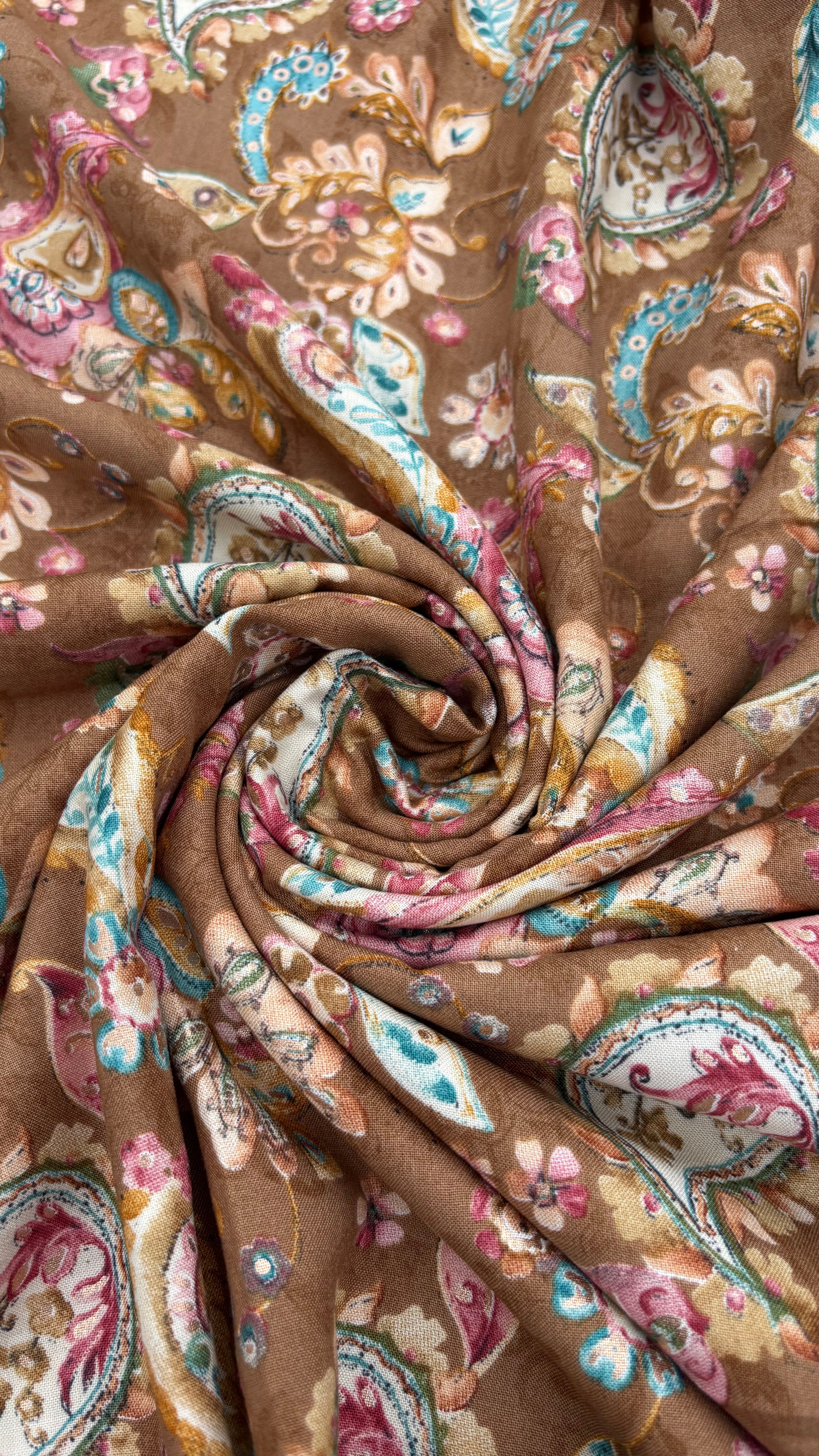 Brown Rayon Cotton Foil Printed Fabric Sterling House