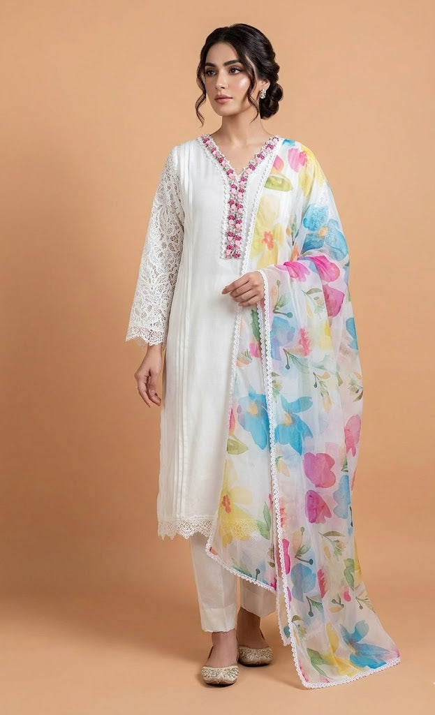 Luxe White Lace Sleeves Readymade Set