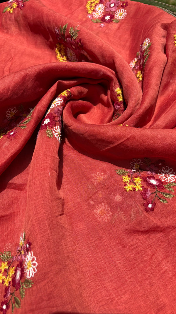 Coral Red Floral Embroidered Mul Sterling House