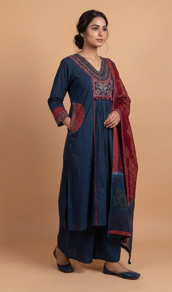 Afreen Navy Blue Cotton A-line Readymade set