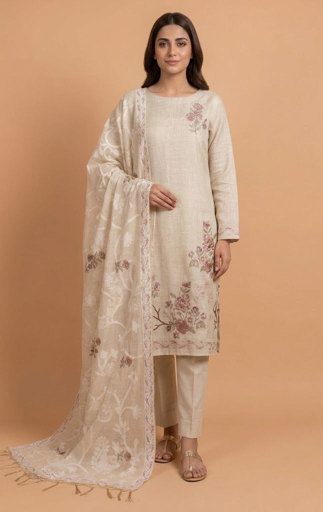 Linen Beige with Purple  Cotton Unstitched suit