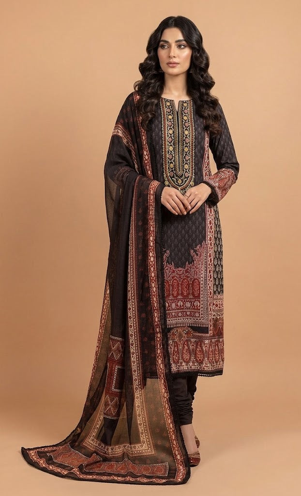 Afreen Charcoal    Cotton Unstitched Suit set