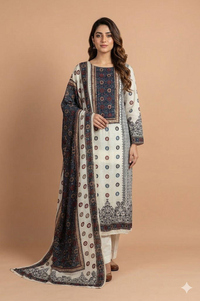 White With Black Muslin Unstitched Suit Set