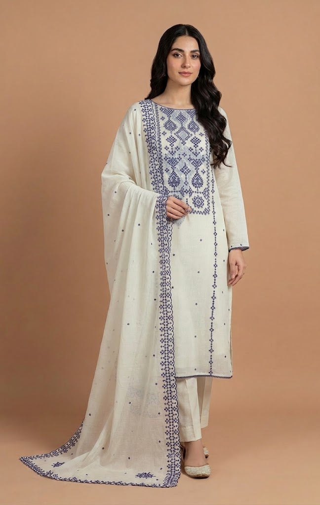 Luxe Mul Chanderi White With Blue Unstitched Suit Set