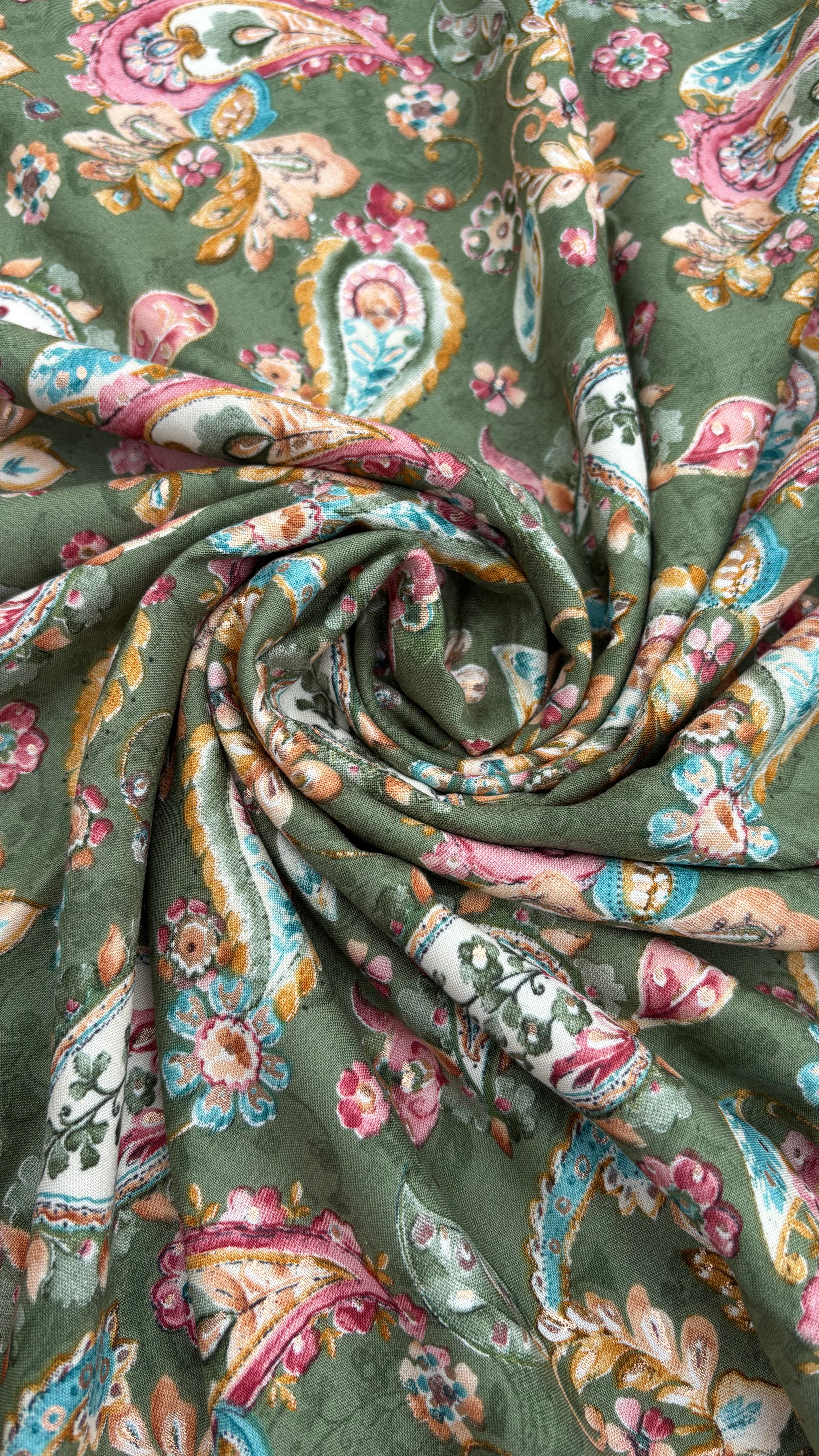 Green Rayon Cotton Foil Printed Fabric Sterling House