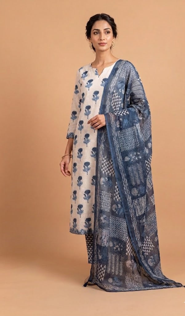 Afreen White With Indigo Unstitched Suit Set