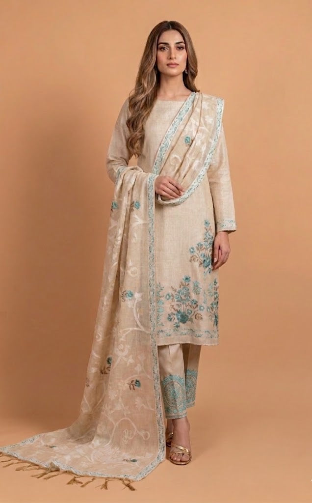 Linen Beige with Blue Cotton Unstitched suit