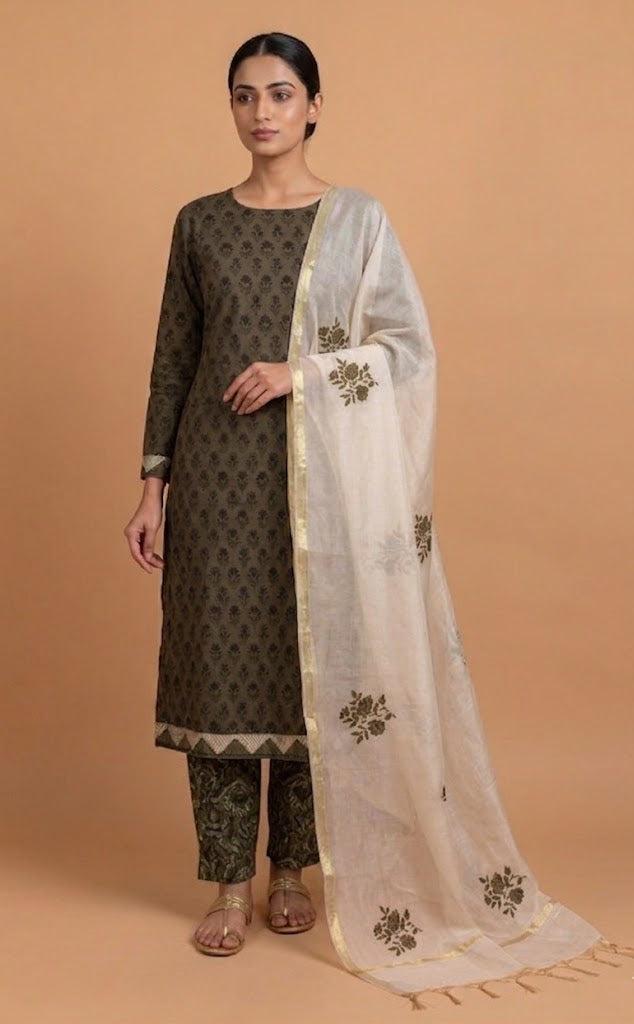 Roze Olive Green Cotton Unstitched suit set