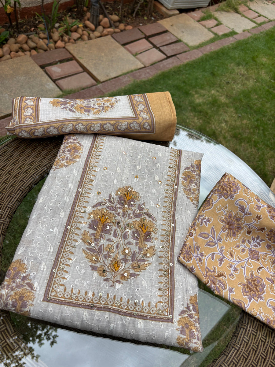 Linen Chanderi Yellow Unstitched Suit Set