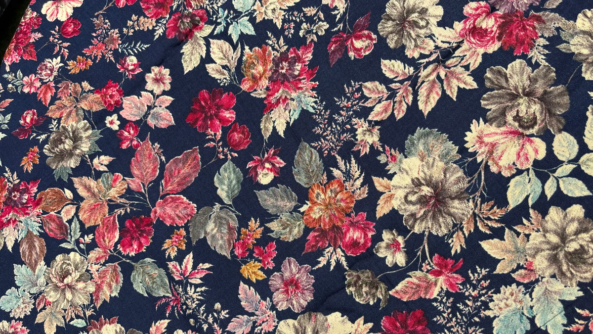 Navy Vintage Floral Printed Rayon Fabric
