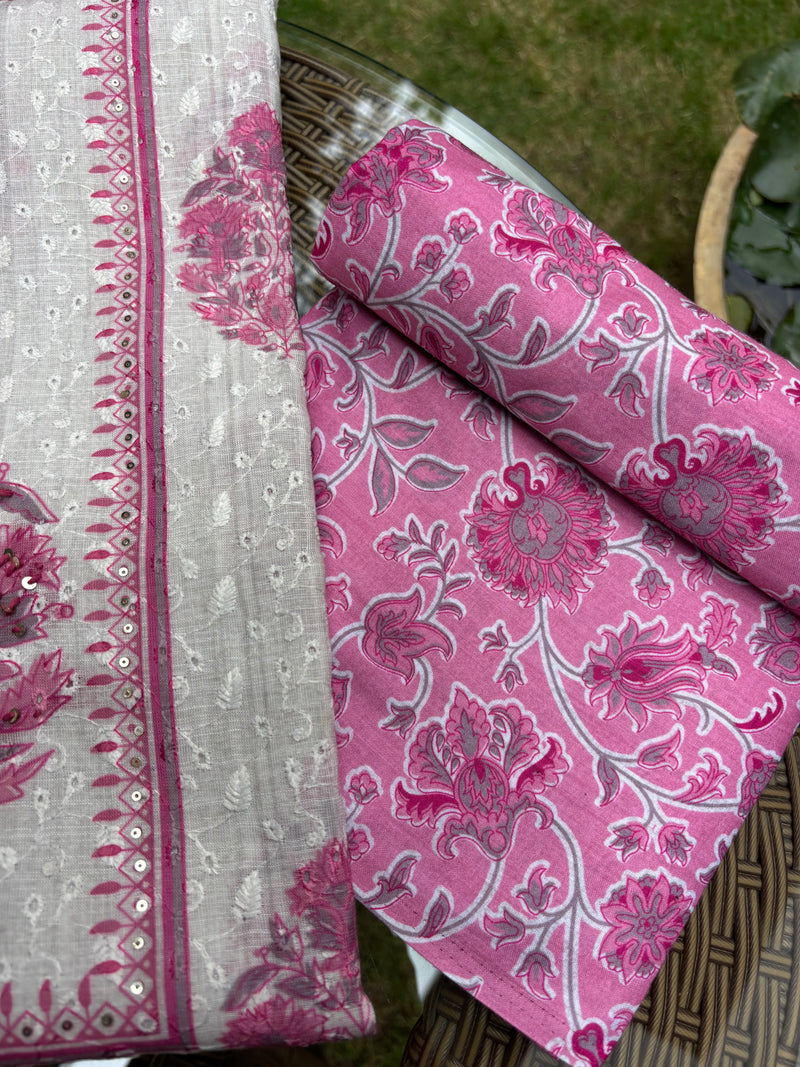 Linen Chanderi Pink Unstitched Suit Set Sterling House